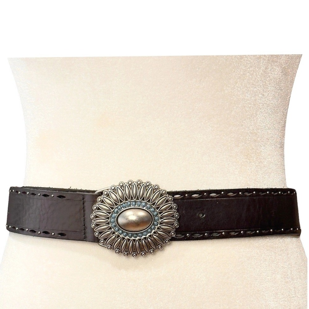 Fossil Brown Leather Belt Turquoise Concho Buckle Boho Western Fits 34-39 In